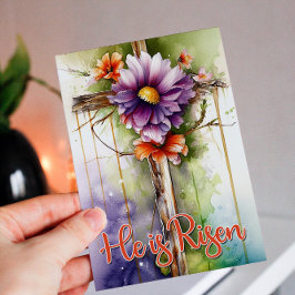 Cartão De Festividades Watercolor Floral Páscoa Cross Ele é Riscado
