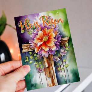 Cartão De Festividades Watercolor Floral Páscoa Cross Ele é Riscado