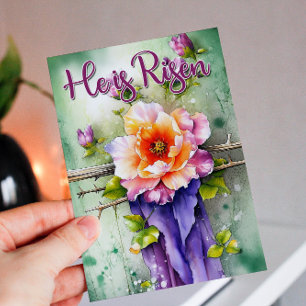 Cartão De Festividades Watercolor Floral Páscoa Cross Ele é Risen Holiday