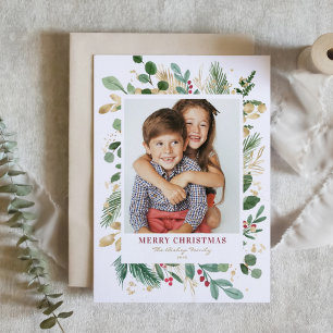 Cartão De Festividades Watercolor & Foil Winter Greenery Foto Natal
