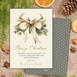 Cartão De Festividades Watercolor Gold Bow Foliage Beige Merry Christmas