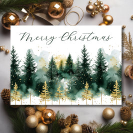 Cartão De Festividades Watercolor Gold Green Forest Merry Christmas