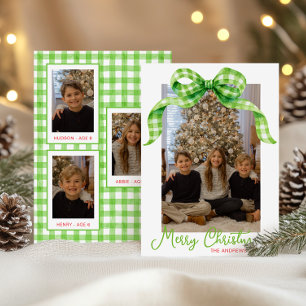 Cartão De Festividades Watercolor Green Gingham Arco Foto de Natal