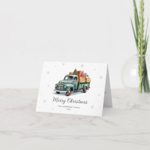 Cartão De Festividades Watercolor Green Truck Foto Feliz Natal