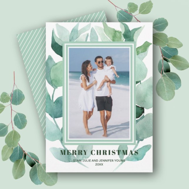 Cartão De Festividades Watercolor Greenery Foto de Natal (Criador carregado)
