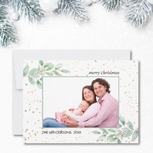 Cartão De Festividades Watercolor Greenery Foto Dourada Stars Natal