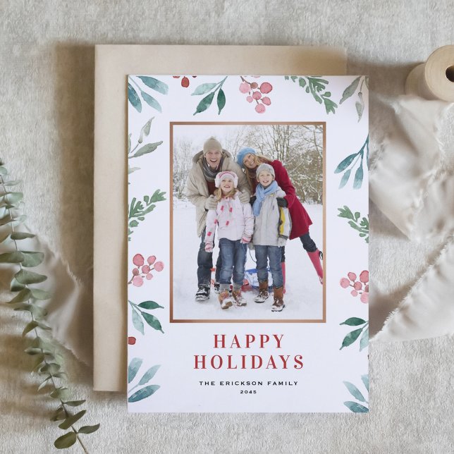 Cartão De Festividades Watercolor Greenery Frame Happy Holidays Foto (Criador carregado)