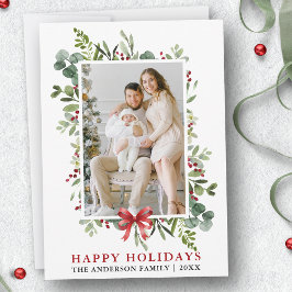 Cartão De Festividades Watercolor Greenery Happy Holidays Red Bow