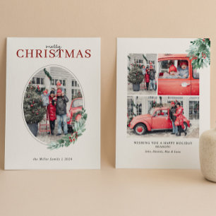 Cartão De Festividades Watercolor Greenery Red Berries Foto Oval