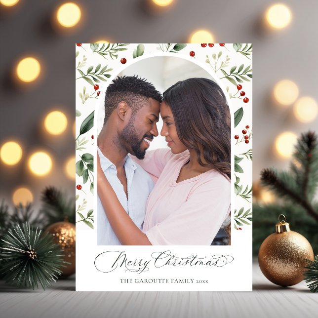 Cartão De Festividades Watercolor Greenery & Red Berry Christmas Photo (Watercolor Greenery & Red Berry Christmas Photo Holiday Card)