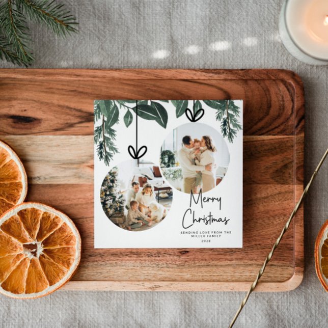 Cartão De Festividades Watercolor Greenery Square Foto de Natal (Criador carregado)