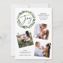 Cartão De Festividades Watercolor greenery wreath multi-photoscript joy