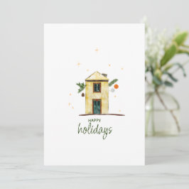Cartão De Festividades Watercolor Happy Holidays House