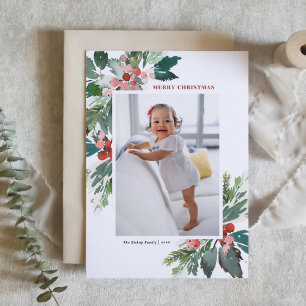 Cartão De Festividades Watercolor Hollies Faux Dourado Foto de Natal Feli