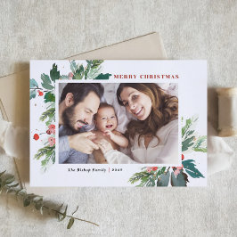 Cartão De Festividades Watercolor Hollies Faux Gold Foil Christmas