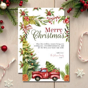 Cartão De Festividades Watercolor Holly Berries e Red Truck Natal
