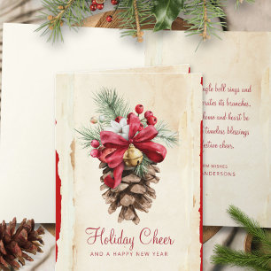 Cartão De Festividades Watercolor Holly Berries Pine Cones Red Jingle
