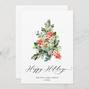 Cartão De Festividades Watercolor Holly Berry Árvore Saudação