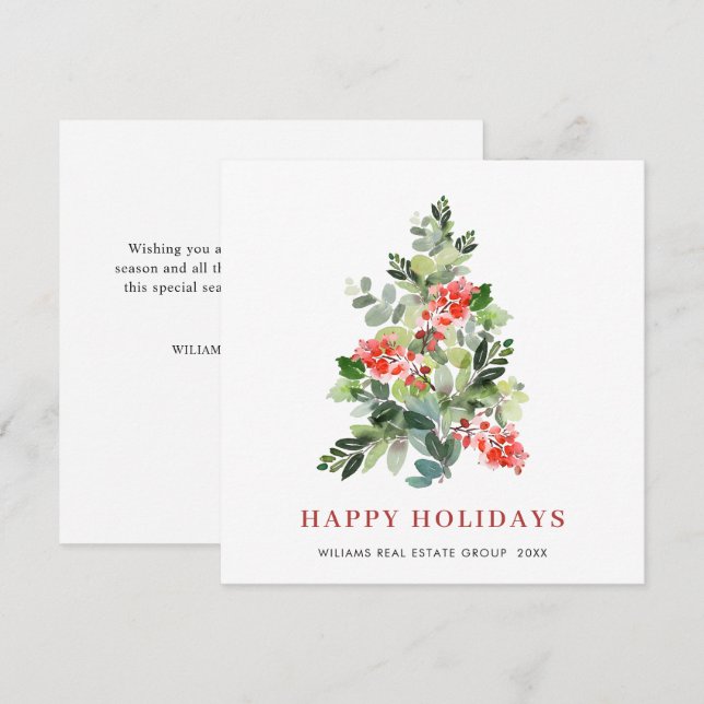 Cartão De Festividades Watercolor Holly Berry Árvore Saudação (Frente/Verso)