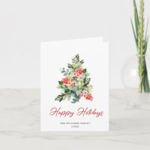 Cartão De Festividades Watercolor Holly Berry Árvore Saudação
