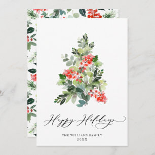 Cartão De Festividades Watercolor Holly Berry Árvore Saudação
