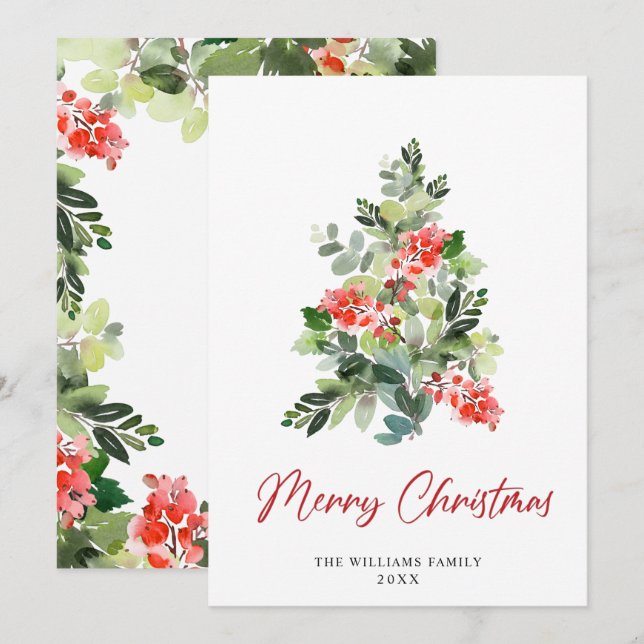 Cartão De Festividades Watercolor Holly Berry Árvore Saudação (Frente/Verso)