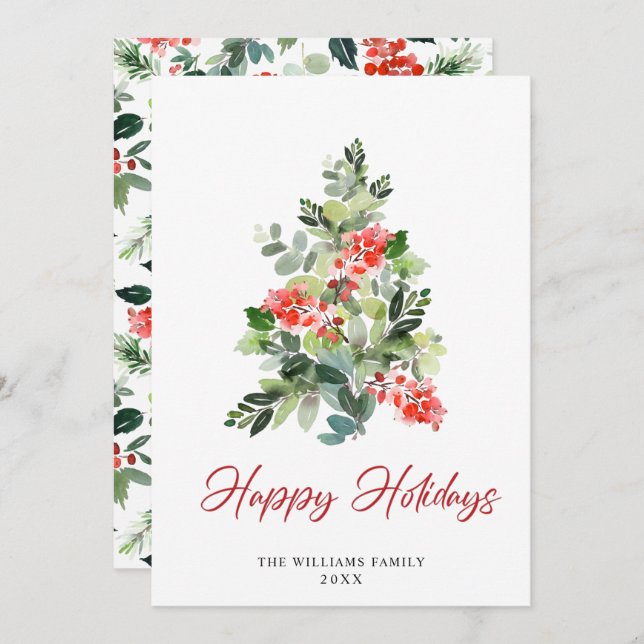 Cartão De Festividades Watercolor Holly Berry Árvore Saudação (Frente/Verso)