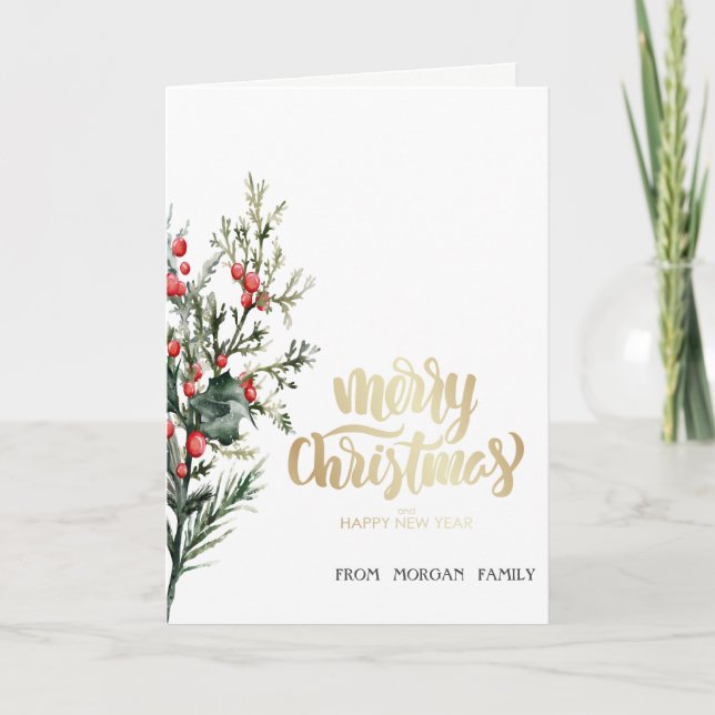 Cartão De Festividades Watercolor Holly Berry Greenery (Frente)