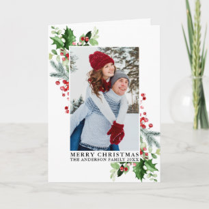 Cartão De Festividades Watercolor Holly Christmas Greenery Foto dobrada