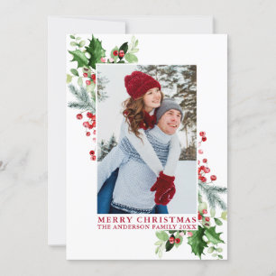 Cartão De Festividades Watercolor Holly Christmas Greenery Foto Red