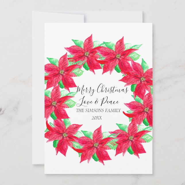 Cartão De Festividades Watercolor Holly Christmas Poinsettia Wreath (Frente)