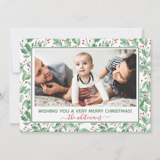 Cartão De Festividades Watercolor Holly e Berries Foto