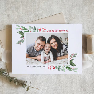 Cartão De Festividades Watercolor Holly e Greenery II