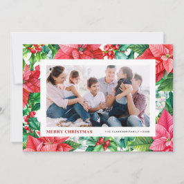 Cartão De Festividades Watercolor Holly e Poinsettia Foto de Natal