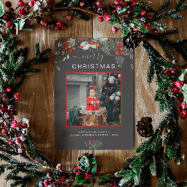 Cartão De Festividades Watercolor Holly Felry Foto de Natal Cinza Escura