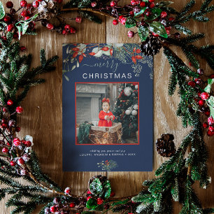 Cartão De Festividades Watercolor Holly Felry Marinho de Natal Azul