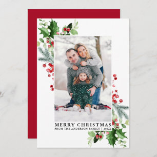 Cartão De Festividades Watercolor Holly Greenery Family Red Photo