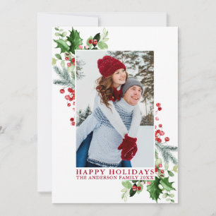 Cartão De Festividades Watercolor Holly Greenery Foto Red