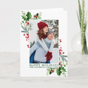 Cartão De Festividades Watercolor Holly Greenery Foto Verde Dobrado