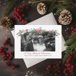 Cartão De Festividades Watercolor Holly Pine Elegant Foto De Casamento<br><div class="desc">Pintou a coloração d'água da folhagem de inverno através de uma foto de paisagem com fundo de cor personalizado. Personalize ainda mais para adicionar mais texto ou mais fotos no verso.</div>