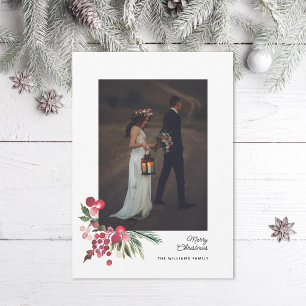 Cartão De Festividades Watercolor Holly Pine Elegante Foto de Natal