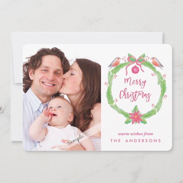 Cartão De Festividades Watercolor Holly Wreath "Felry Christmas + Phot (Frente)