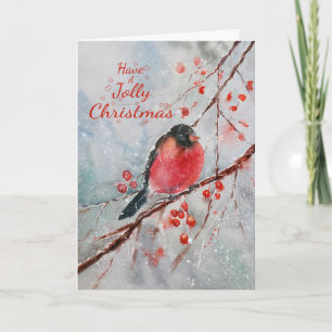Cartão De Festividades Watercolor Jolly Christmas Winter Snow Bird Red