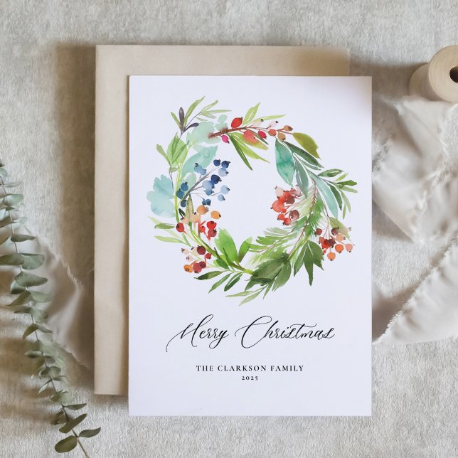 Cartão De Festividades Watercolor Juniper e Holly Wreath Christmas (Criador carregado)