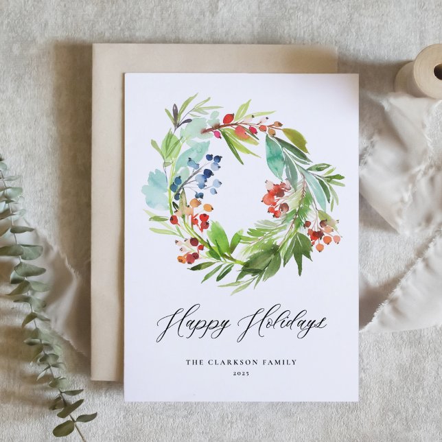 Cartão De Festividades Watercolor Juniper e Holly Wreath Felizes Feriados (Criador carregado)
