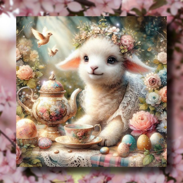 Cartão De Festividades Watercolor Lamb Pastel Páscoa Tea Party (Criador carregado)