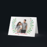 Cartão De Festividades Watercolor Laurel Wreath Feliz Foto de Natal<br><div class="desc">Celebre e espalhe alegria nesta temporada de festas com este cartão dobrado de Natal na moda com louros de aquarela pintados à mão. Personalize com sua foto favorita na frente e atrás e seu próprio sentimento personalizado no dentro.</div>