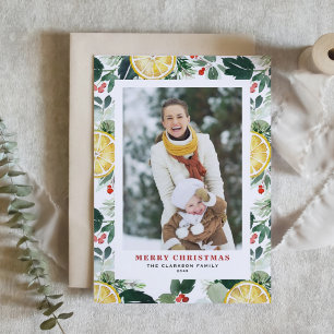 Cartão De Festividades Watercolor Lemon e Greenery Foto de Natal