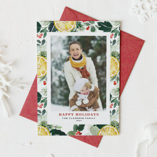 Cartão De Festividades Watercolor Lemon e Winter Greenery Foto