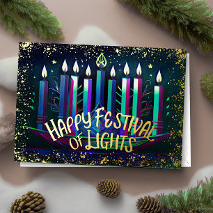 Cartão De Festividades Watercolor Menorah Happy Festival das Luzes